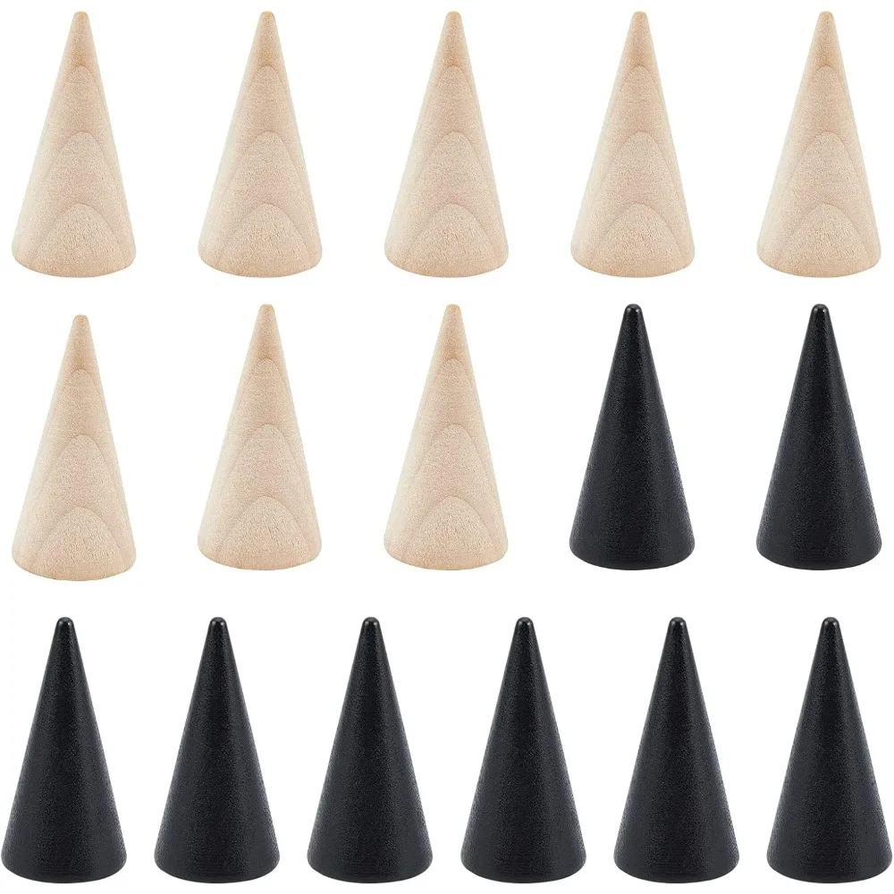 16 Pcs Wooden Ring Displays, 2 Colors Cone Shaped Finger Ring Stand Jewelry Display for Rings Jewelry Exhibition,2 Sizes