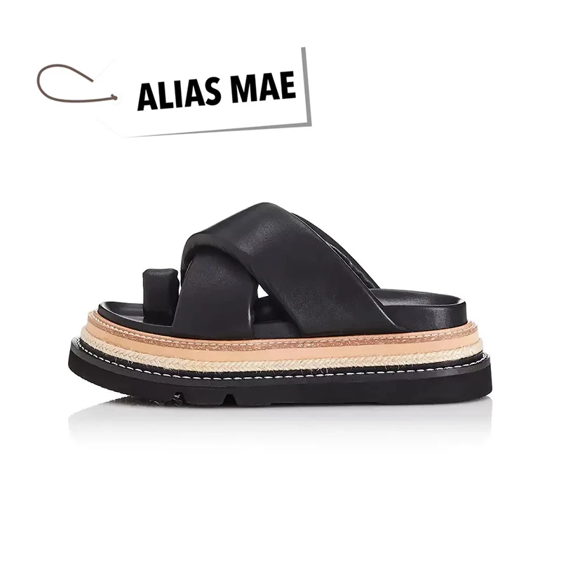 Alias Mae Hoogwaardige Zomer Lederen Platte Bodem Ronde Top Teen Crossband Dames Slippers