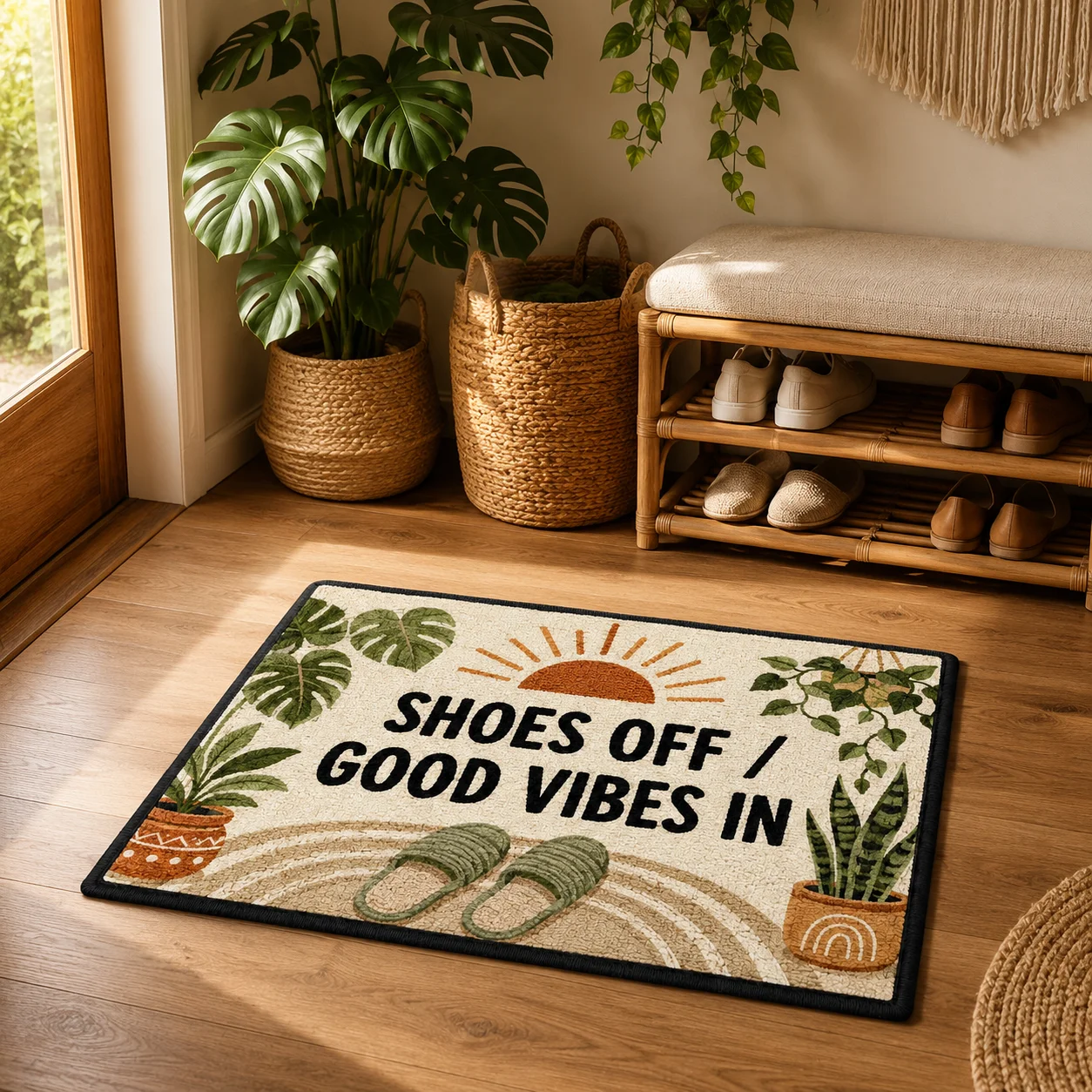Custom Outdoor Decor Doormat Boho Sunshine Welcome Mat Shoes Off Good Vibes In Funny Door Rug for Porch Entryway Home Gifts