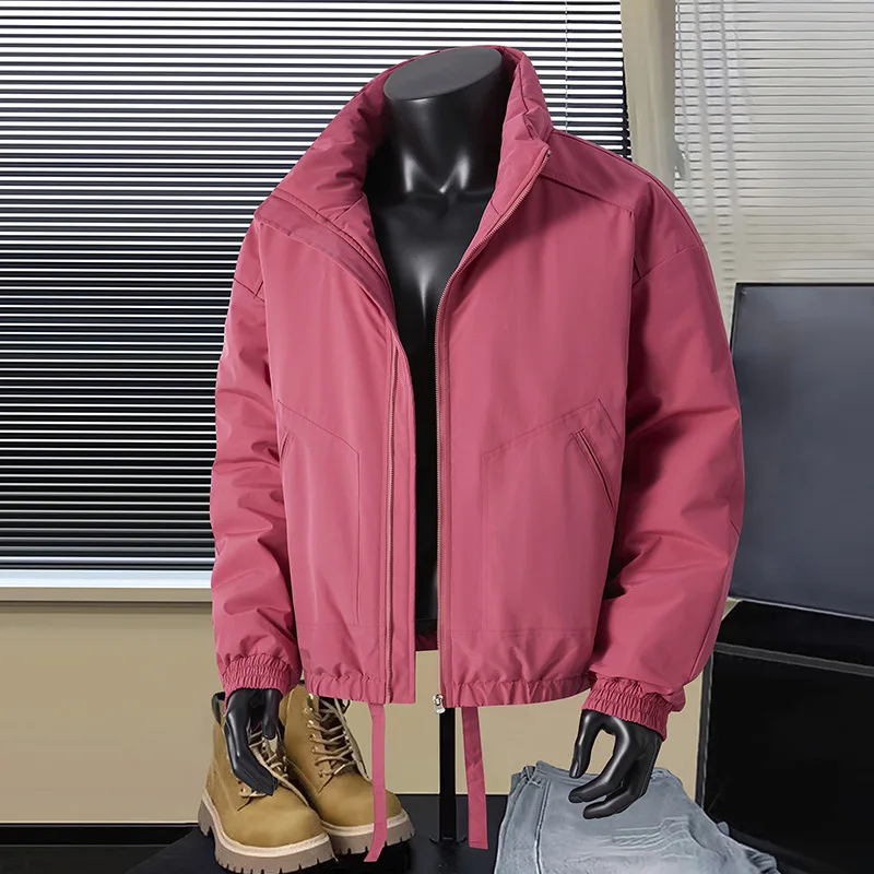 Men's Thick Warm Cotton-Padded Jacket Stand-Up Collar Loose Solid Color Casual Winter Outerwear Fashionable Streetwear