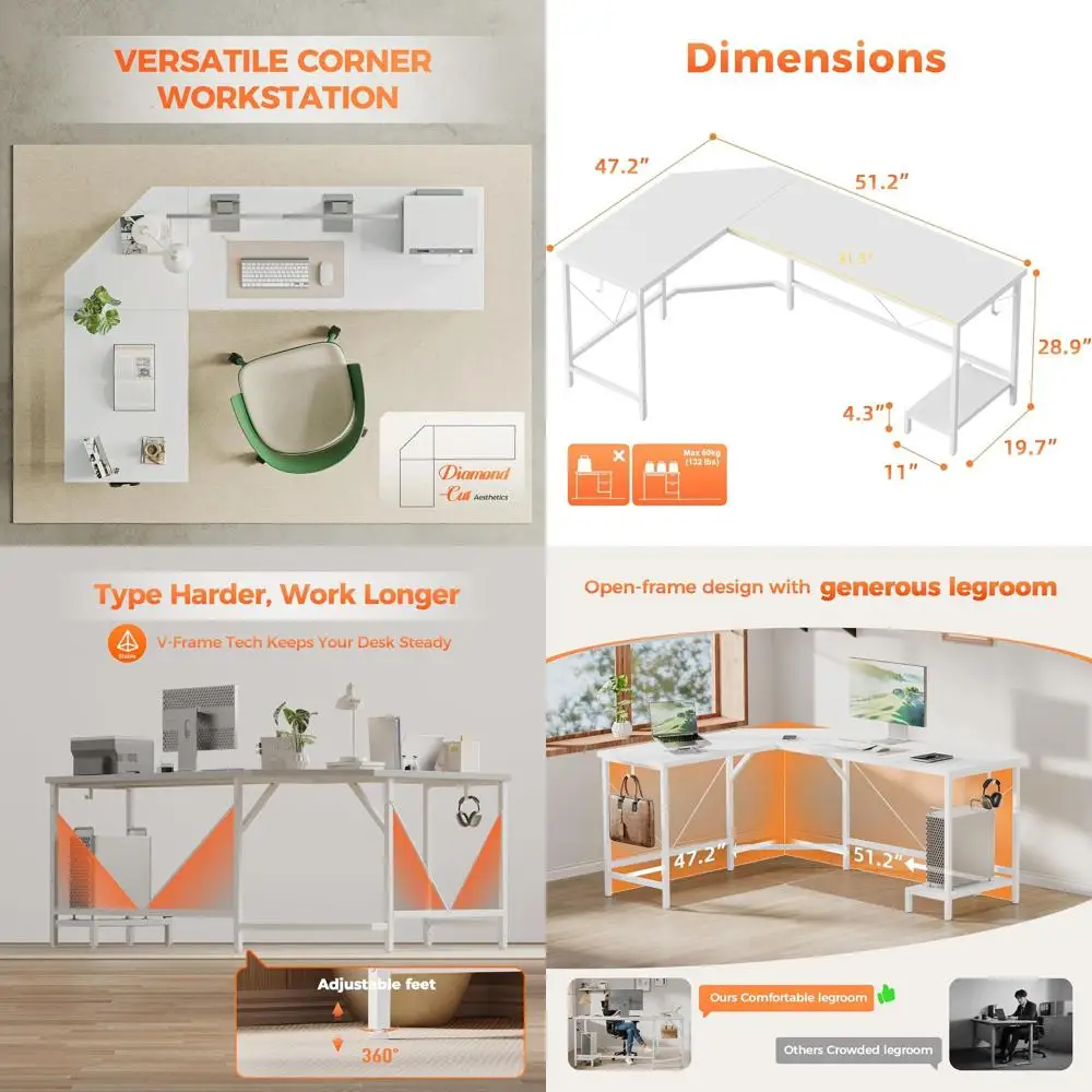 

50 Inch L-Shaped Gaming Desk with CPU Stand and Hooks, White - Ideal for Home, Bedroom, and Office
