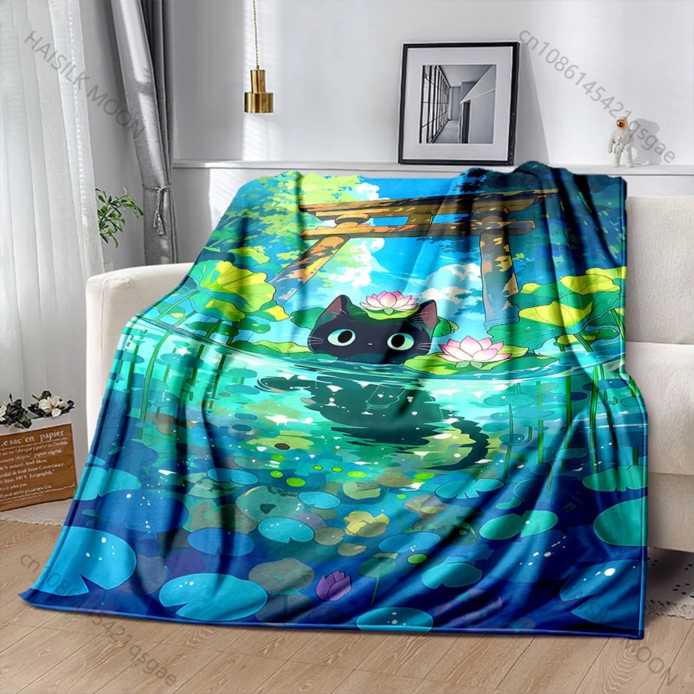 1PC Black cat in lotus pond Print Adult Children Warm Blankets Home Travel Car Soft and Comfortable Suitable for all seasons