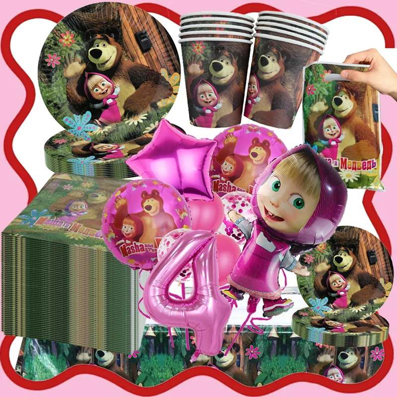 Kit de décoration de fête d'anniversaire Masha et l'ours pour filles, assiettes, serviettes, ballons, toile de fond, accessoires pour fête d'anniversaire Masha et Michka
