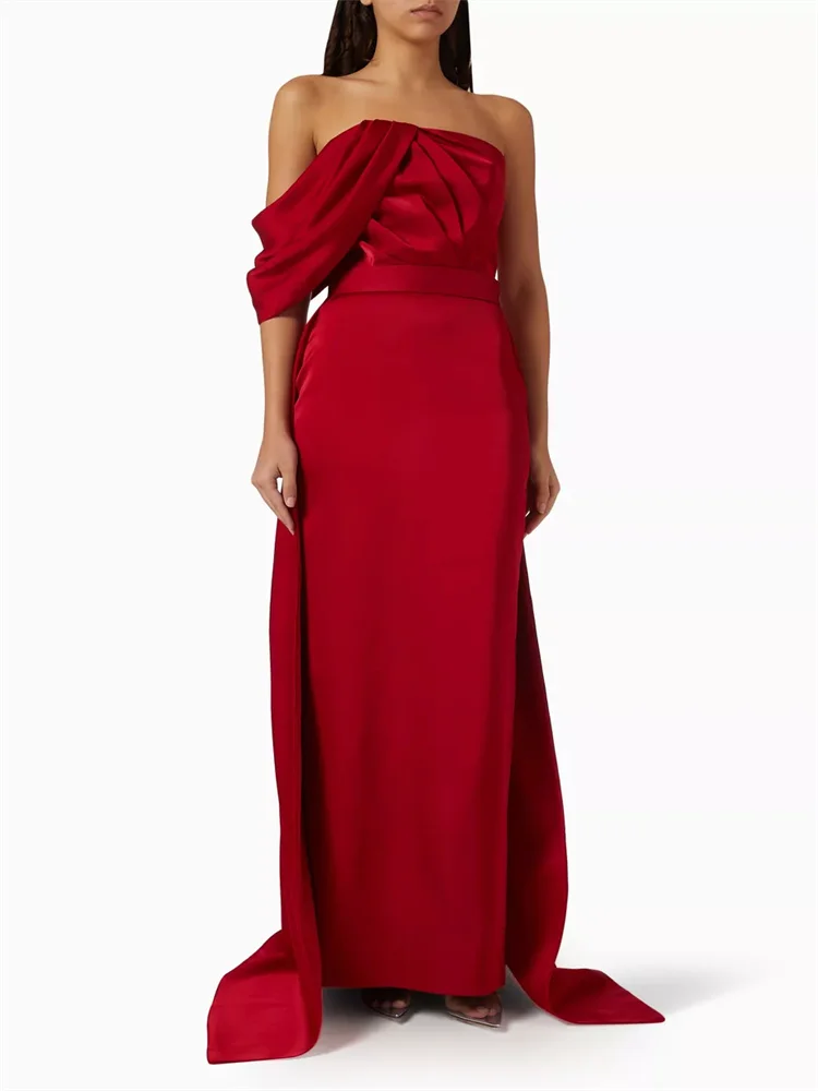 Customized Elegant Crimson Asymmetric Pleated Evening Gown Sleeveless Asymmetrical Neck Pleated Bodice Belted Backless Dress