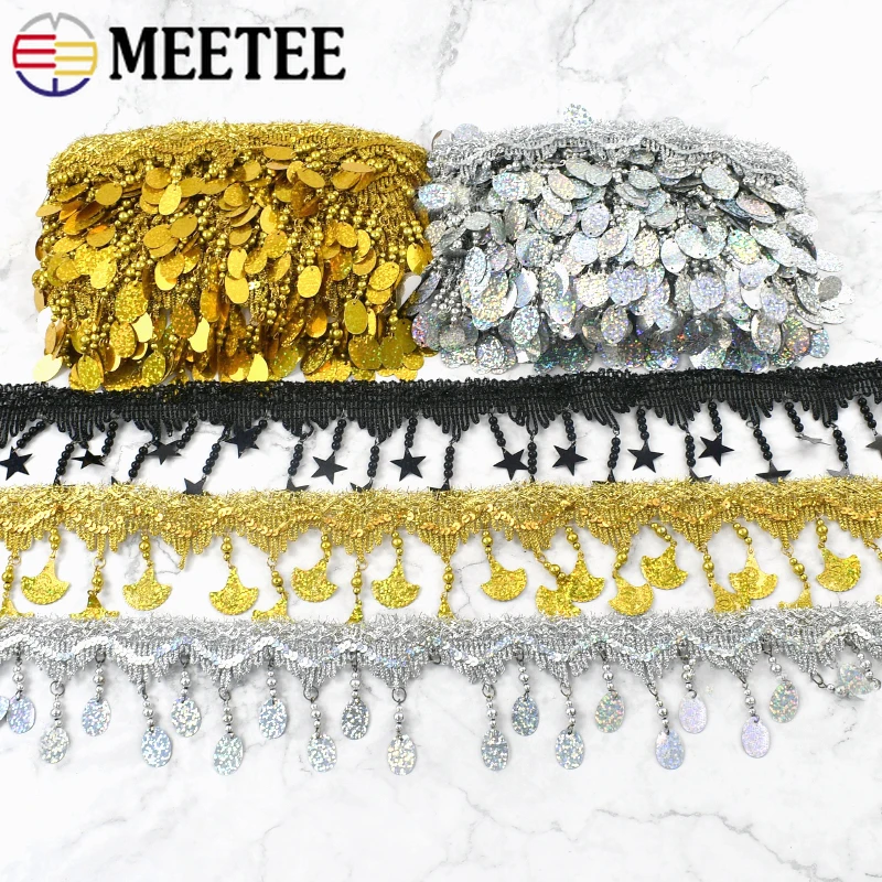 

1/2/4M Tassel Sequins Pendant Webbing Gold Silver Lace Trim Fringe Dance Garment Decoration Tassels Band DIY Sewing Accessory