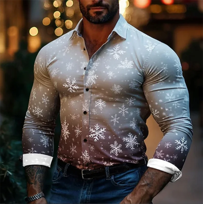 

New Men's Snowflake Gradient Color Shirt Fashion 3D Printed Shirt Button Shirt Casual Long Sleeve Shirt Men's Shirt