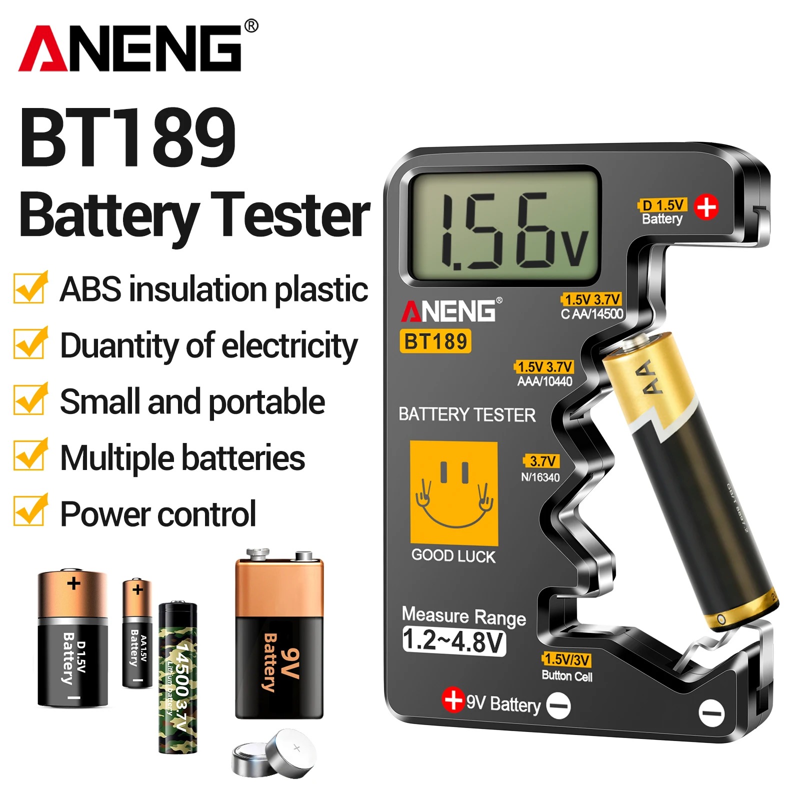 ANENG BT189 Digital Battery Tester 1.2‑4.8V Multi‑Size For AA AAA 9V CR2032 14500 Dry And Button Cell No Battery Required Tool
