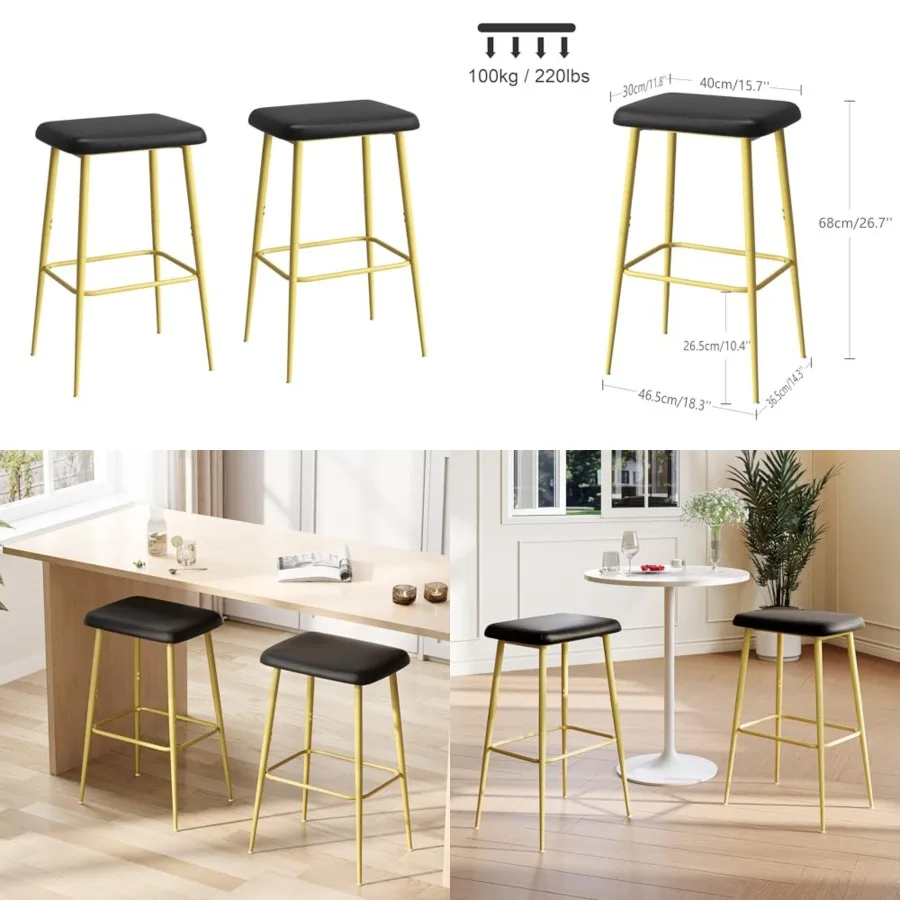 

Bar Stools Set of 2, Counter Height Bar Stools, Industrial Modern Barstools with PU Leather Cushion, Metal Frame Bar Chairs wit