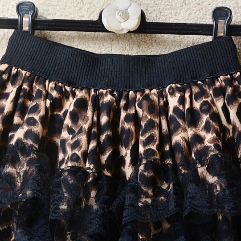 Autumn And Winter Leopard Print Patchwork Skirt Cake Slimming Short Women Lace Fluffy Skirt Mini W340