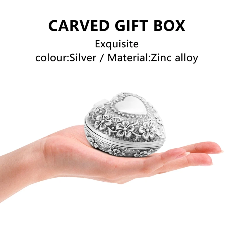 Classic Vintage Antique Heart Shape Jewelry Box Ring Small Trinket Storage Organizer Chest Christmas Gift,Silver Promotion