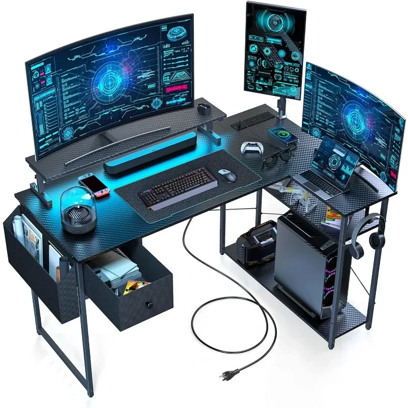 Gaming Desk, 47 inch L Shaped Gaming Desk, Computer Gaming Desk with LED Lights & Adjustable Stand, Power Outlets