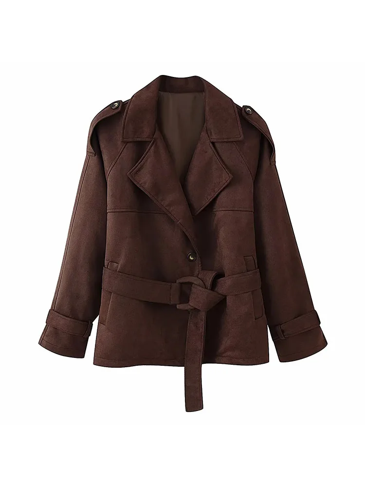 

Женская осенняя новинка 202, винтажная коричневая куртка с завязками, повседневное женское короткое пальто, уличная одежда, пальто на пуговицах, модное Mujer