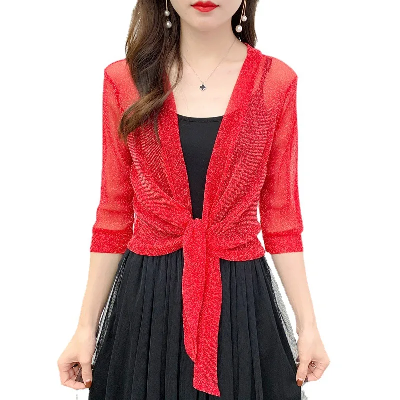 Women Summer Cardigan Sexy Thin Sunscreen Short Lace Jacket Fashion Bright Silk Half Sleeve Coat Femal Lace Up Solid Shawl Tops