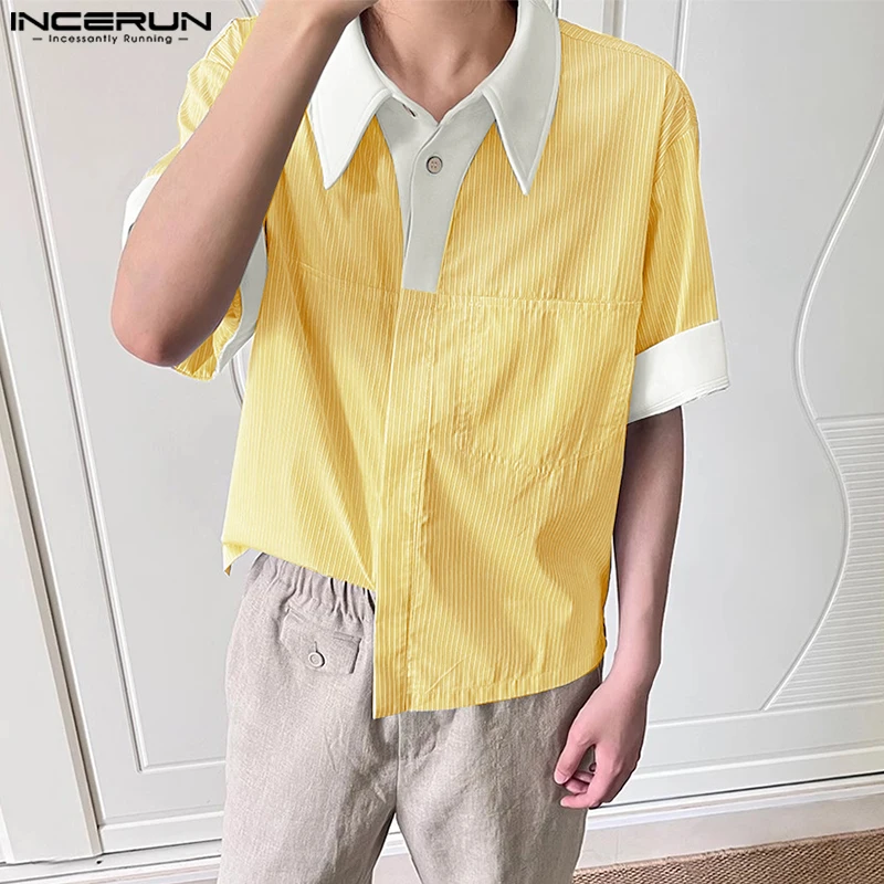 

INCERUN Men Shirt Summer Striped Patchwork Lapel Short Sleeve Men Clothing Streetwear Autumn 2025 Loose Korean Style Male Shirts