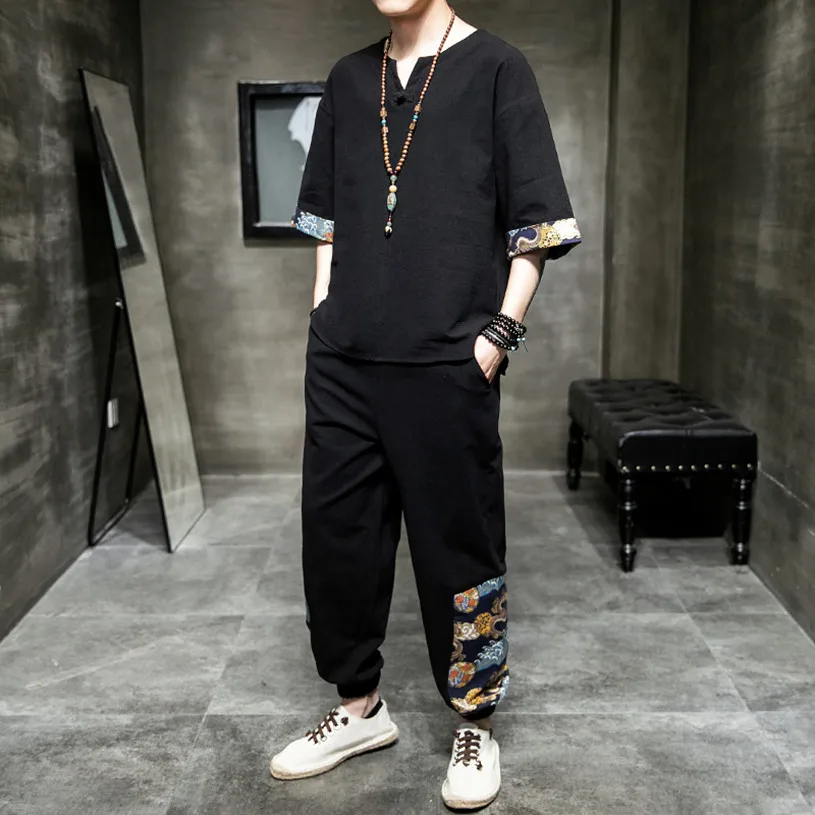 

Мужской летний комплект из хлопка и льна: футболка с коротким рукавом и длинные брюки, V-образный вырез, охлаждающий эффект, тонкий, модный брендовый дизайн.