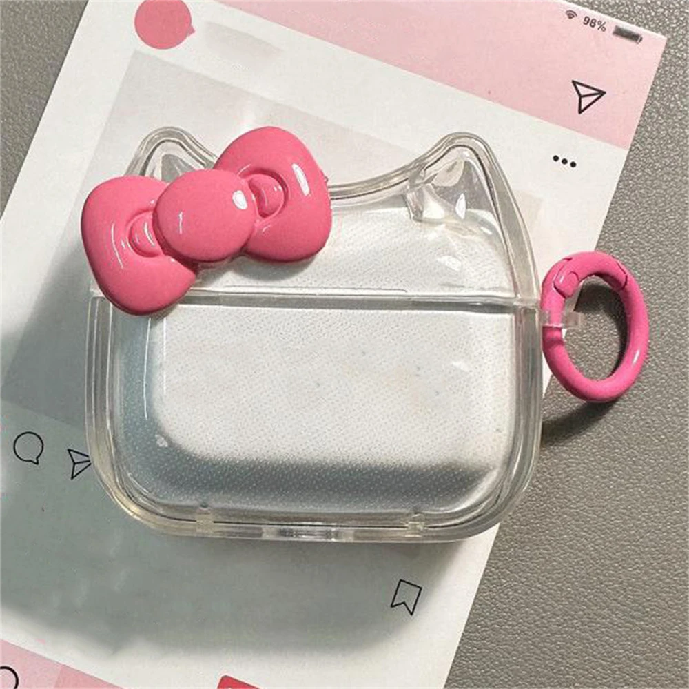 Kawaii Cute Pink Bowknot Ear Clear Headphones Case For AirPods 1 2 3 With Keychain Protective Shell Soft Cover For AirPods Pro 2