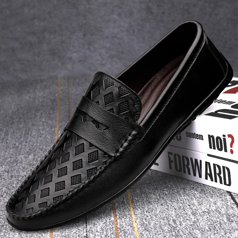 

Men's Summer Breathable Leather Loafers Genuine Cowhide Upper Perforated Design Soft Lining Non-Slip Rubber Sole Travel Daily