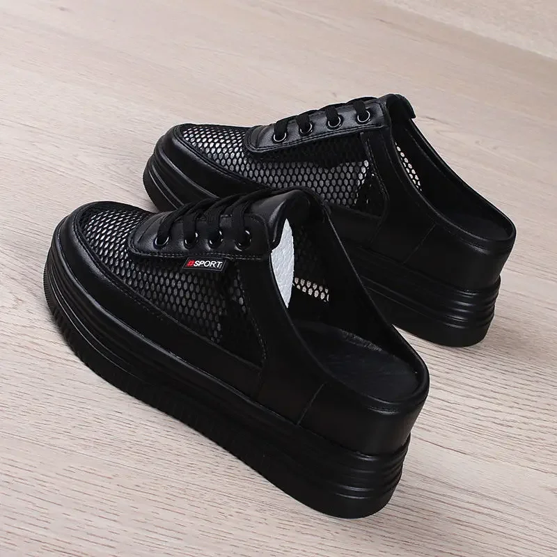 Women\'s Summer Shoes Platform Sports Mesh White Student Outdoor Casual Breathable Slippers Woman Mules Fashion Wedge Heels Black