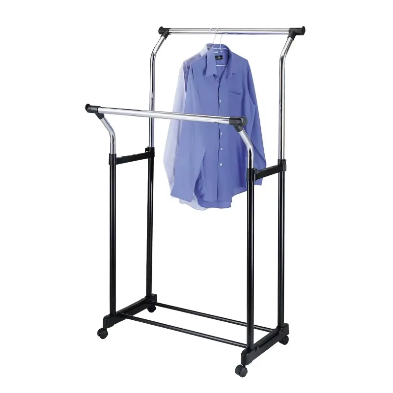 Modern Steel Double-bar Hanger with Storage Rack and Wheels for Bedroom and Living Room Furniture view 5