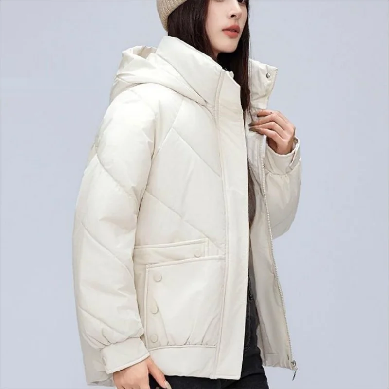 2024 Cotton Jacket For Women Winter Stylish Solid Hooded Stand Collar Loose Thick Warm Down Cotton Padded Jacket