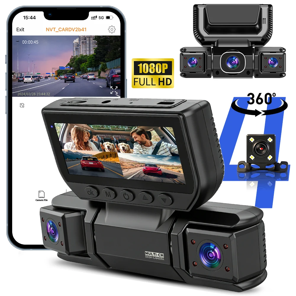 Car Dash Cam 4 Channel Black Box WiFi Driving Camera FHD 1080P Car DVR Front Left Right Rear Night Vision Loop Recording Camera