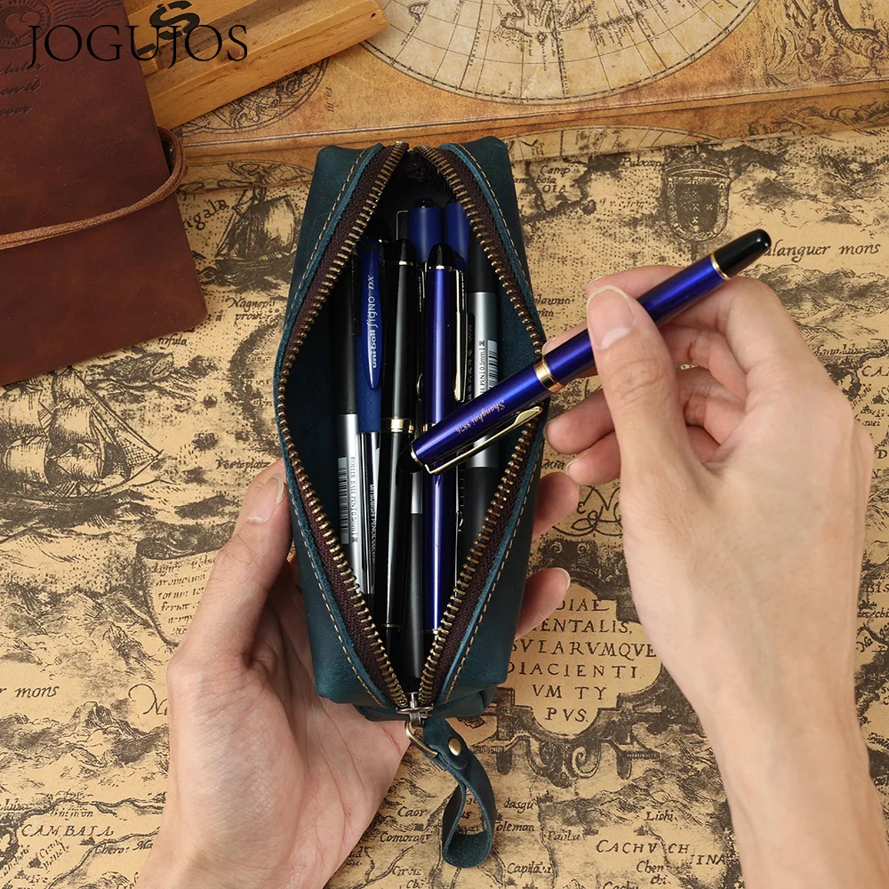 JOGUJOS Genuine Cowhide Leather Pencil Case  Business Pen Cases with Zipper Ruler Pouch for School Office Stationery Supplies