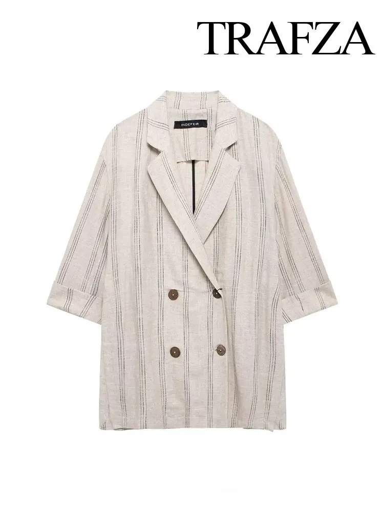 

TRAFZA 2024 Women's Fashion Linen Striped Blazer Retro V Neck Double Breasted Women's Summer Clothing Commuter Tops Blazer