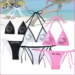 Hello Kitty stroje kąpielowe damskie seksowne bikini damskie stroje kąpielowe 2 szt. Split pasek regulowane stroje kąpielowe pływanie letni strój kąpielowy