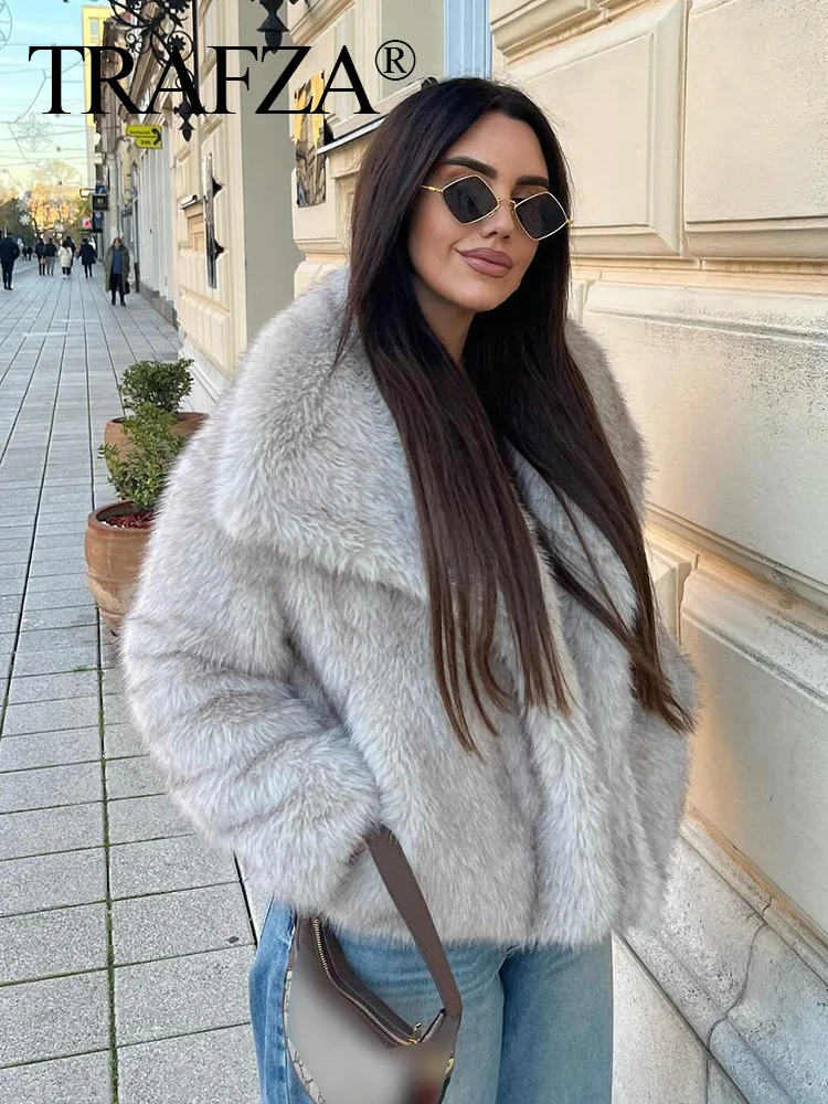 TRAFZA Winter Women Warm Faux Fur Coat Elegant Solid Loose Long Sleeve Thick Jacket Pockets Female Fashion Oversized Outerwear