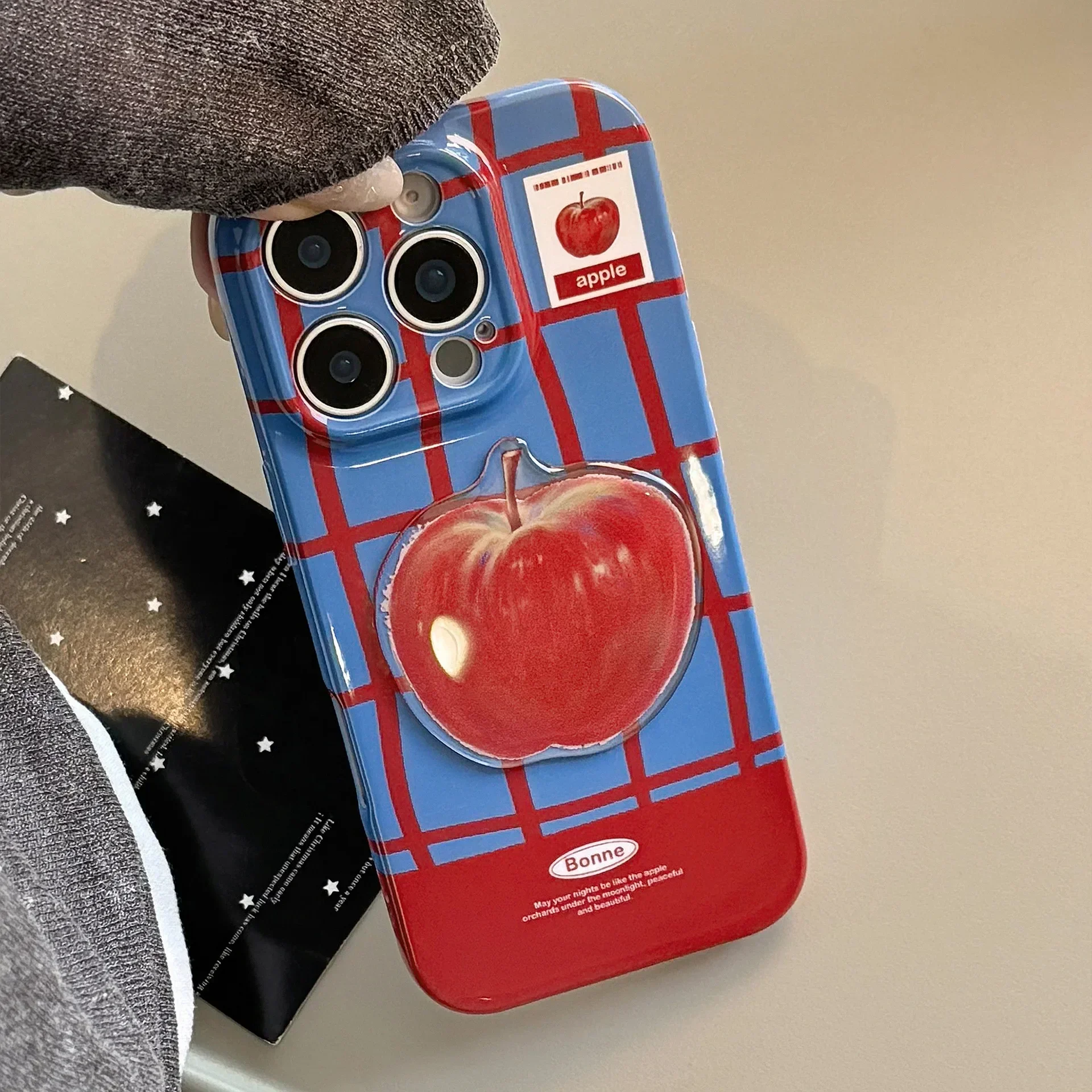 Korean Plaid 3D Red Apple Phone Case With Chain For iPhone 17 Air 16 15 14 13 12 11 Pro Max XS XR X 8 Plus Shockproof Hard Cover view 6