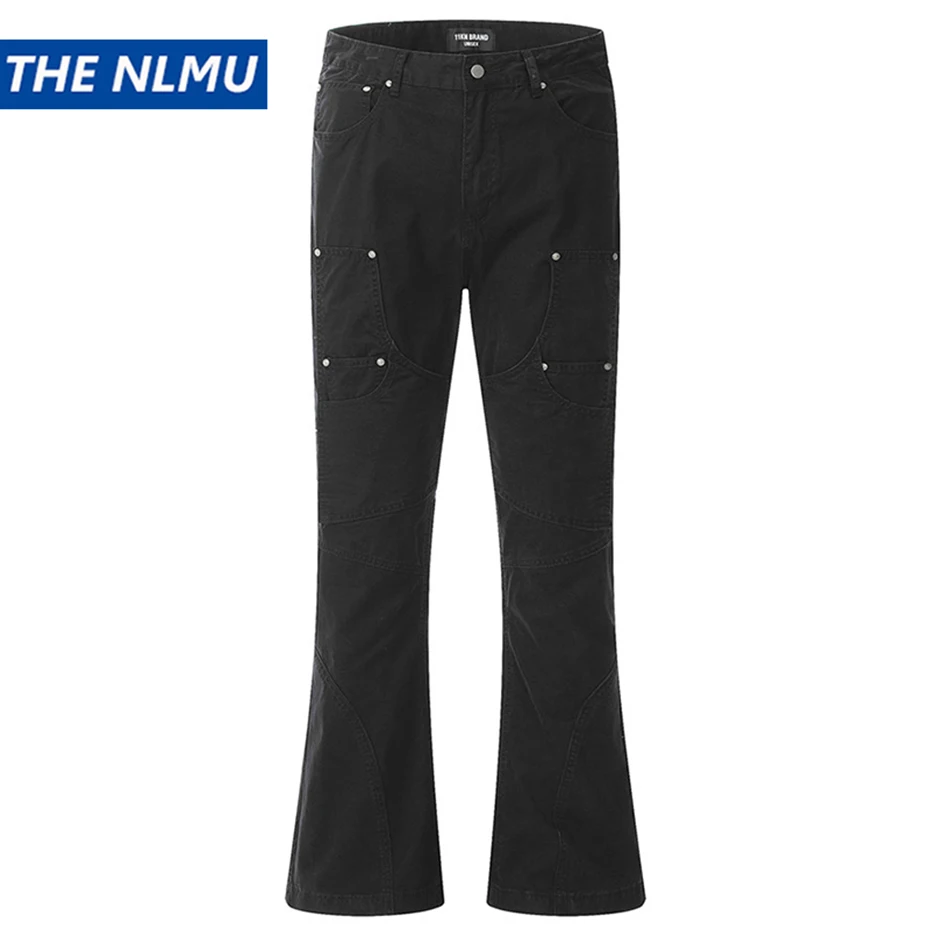 Men Fashion Slim Flared Jeans Irregular Patchwork Black Denim Pants Male