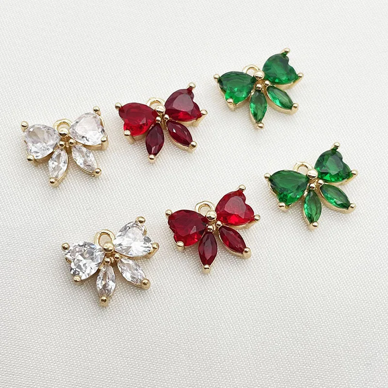 10pcs/ Set Copper gold-plated bow, crystal zircon pendant, earrings, necklace, brooch, handmade DIY jewelry accessories