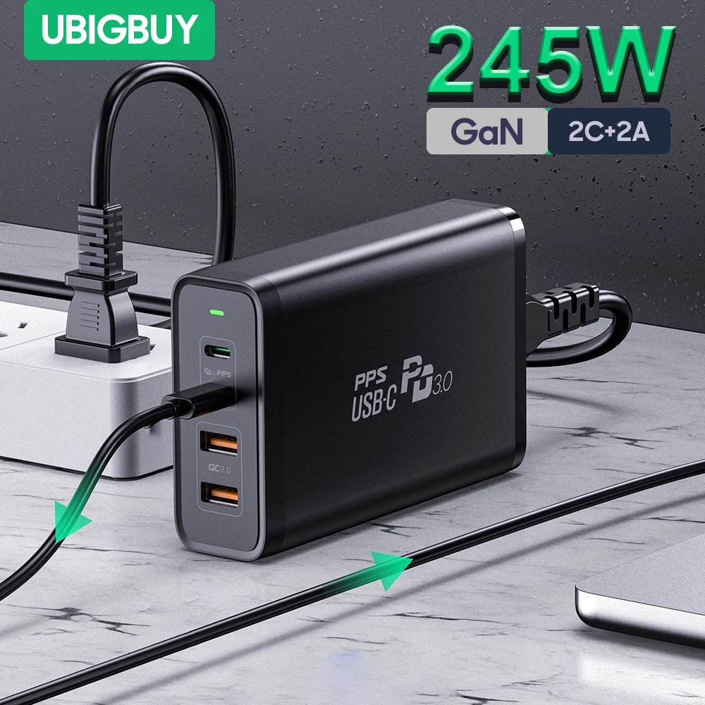 Ubigbuy 245W USB C Charger GaN 4-Port Desktop Charging Station PD100W PPS45W Fast Charger for MacBook iPhone 15 Galaxy S23 Ultra