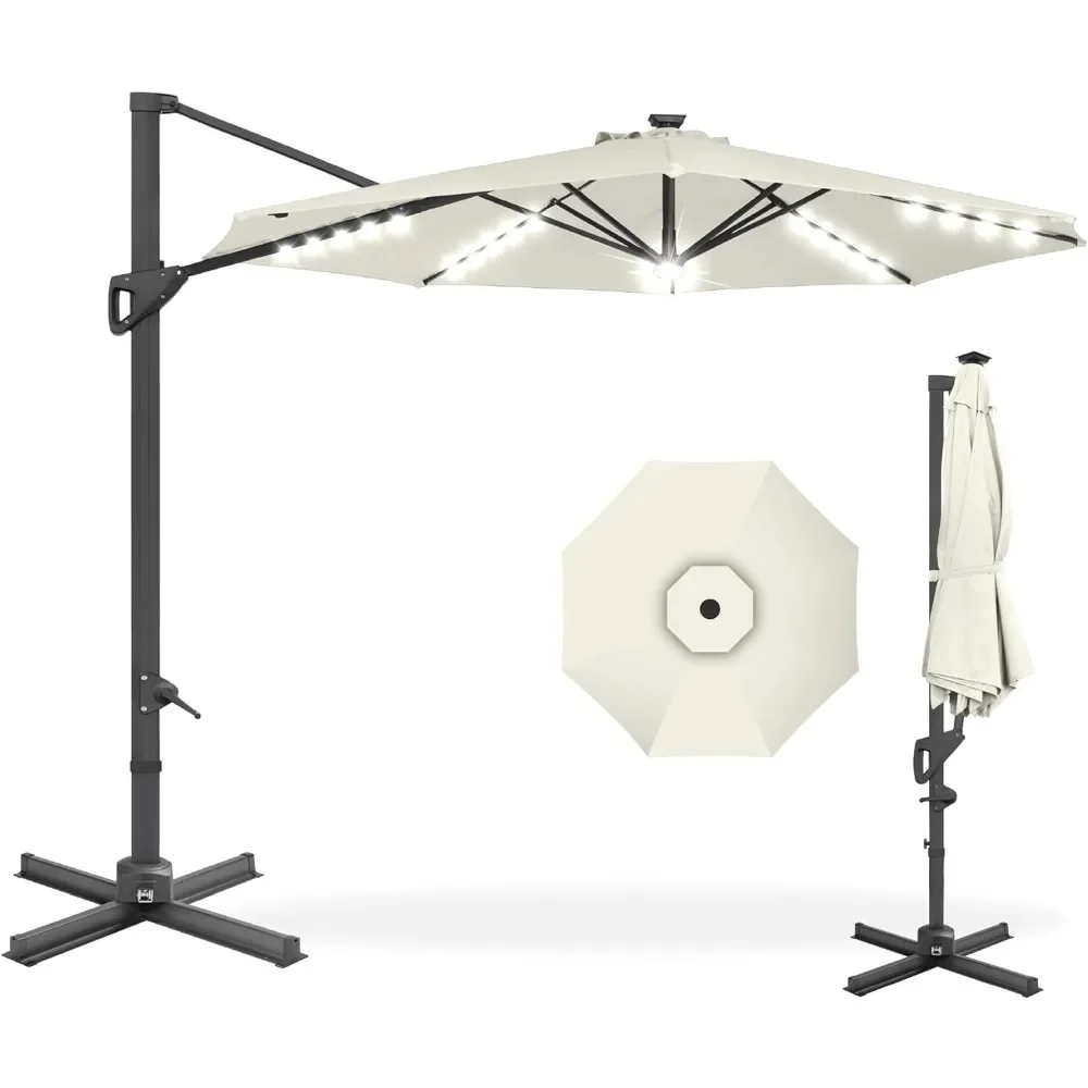 

10ft Solar LED Cantilever Patio Umbrella, 360-Degree Rotation Hanging Offset Market Outdoor Sun Shade for Backyard, Poolside