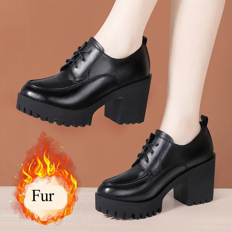 8cm Small Size 33-43 Elegant Deep Mouth Soft Leather Oxfords Platform Pumps Fall 2024 Block High Heels Shoes Fur Office Model