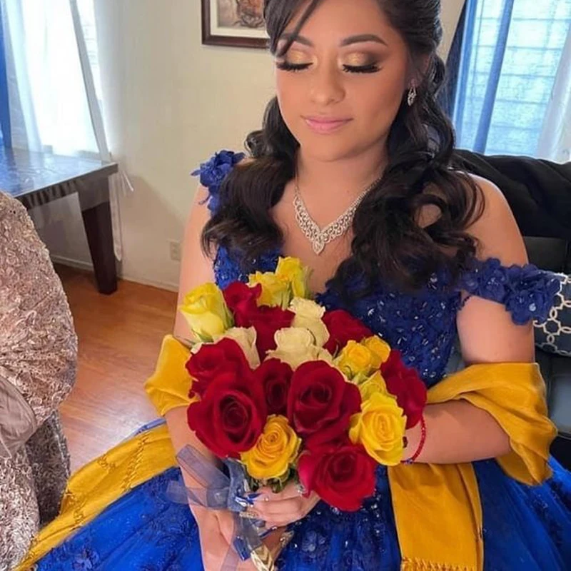 فساتين Quinceanera مصنوعة حسب الطلب باللون الأزرق الملكي Vestidos De 15 Años ثلاثية الأبعاد مزينة بالزهور مطرز بالخرز لحفلات عيد ميلاد الأميرة فستان حفلة موسيقية ساخن