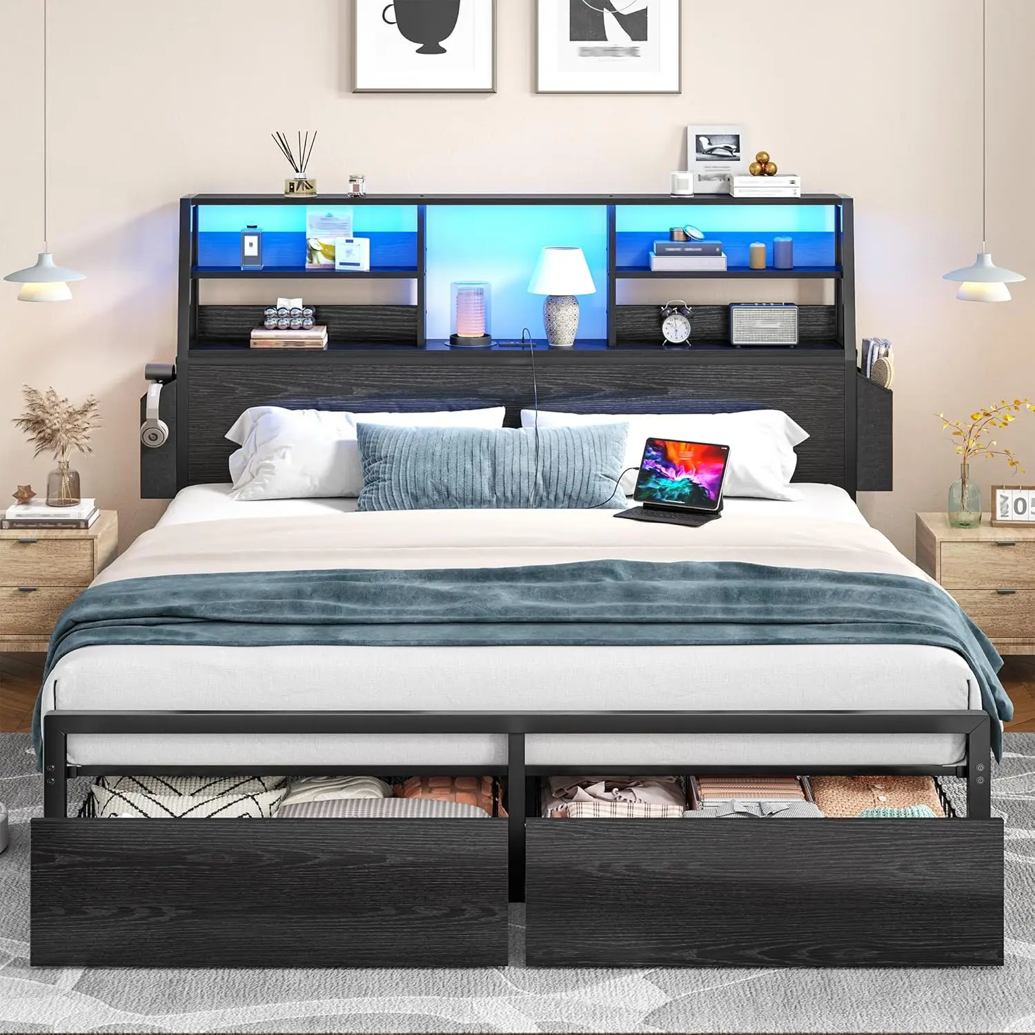 Queen Size Bed Frame with Storage LED Light Charging Station Heavy Duty Support Headboard for Apartment Guest Room Custom