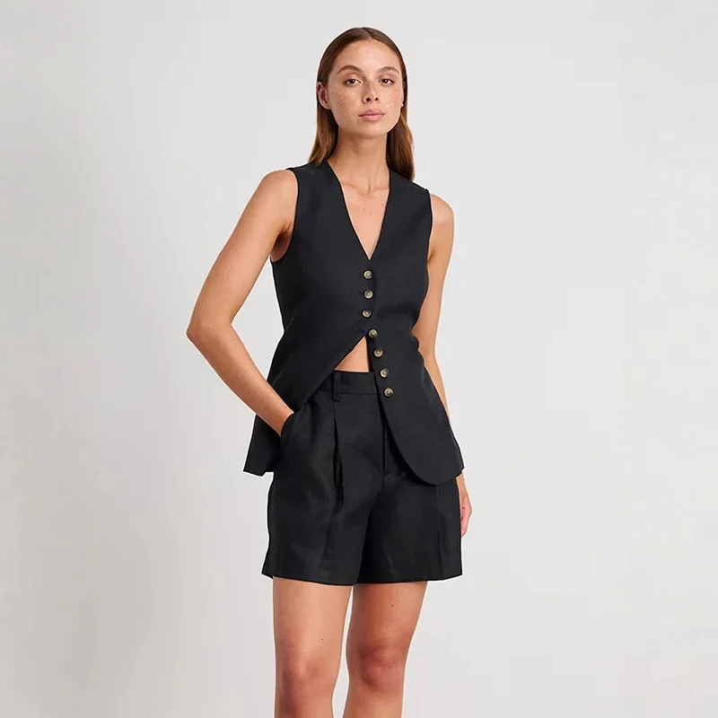 Cotton Linen Vest Shorts Suit 2025 Summer New Commuting Sleeveless Vest Loose Shorts Suit Solid Casual Suit For Women