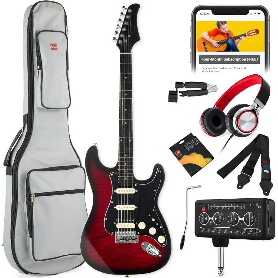 Beginner HSS Electric Guitar Kit w/Headphone Amp Padded Gig-Bag Headphones Guitar Strap - Red Flametop/Black