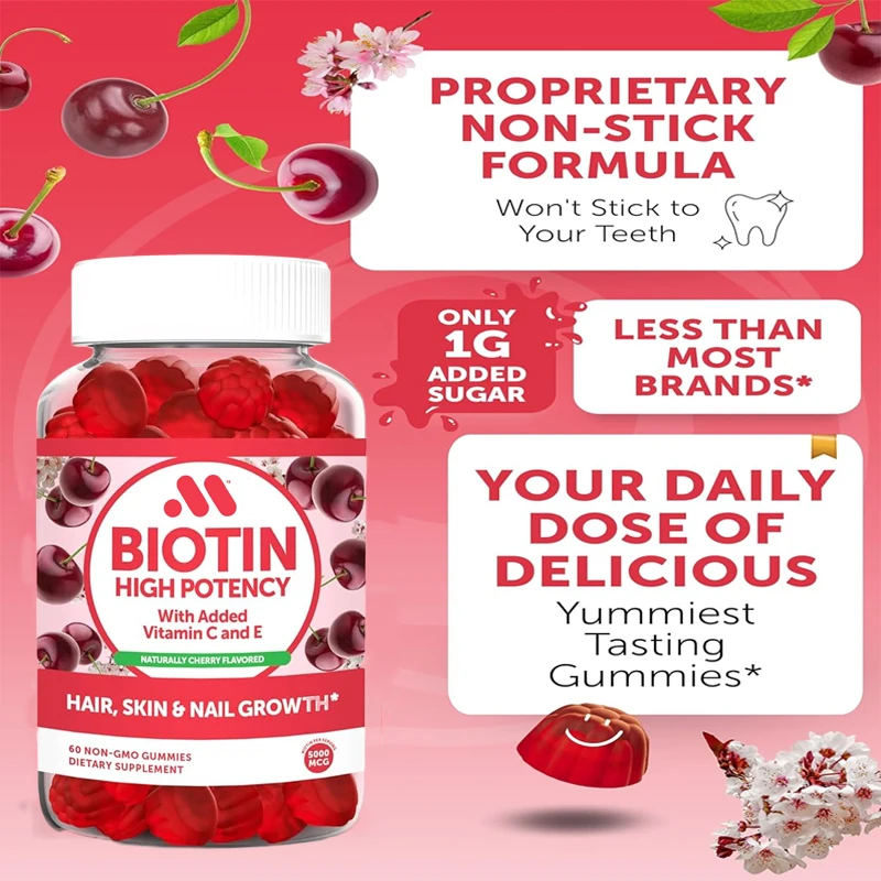 Biotin cherry gummies contain vitamins C and E, while non genetically modified hair, skin, and nails contain 60 vitamins