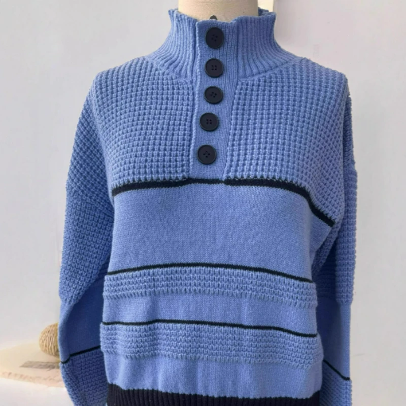 

Пуловер с высоким воротником, свитер с заниженной спиной, корейский стиль, осень-зима 2026, новый свободный и модный утолщенный вязаный топ в полоску