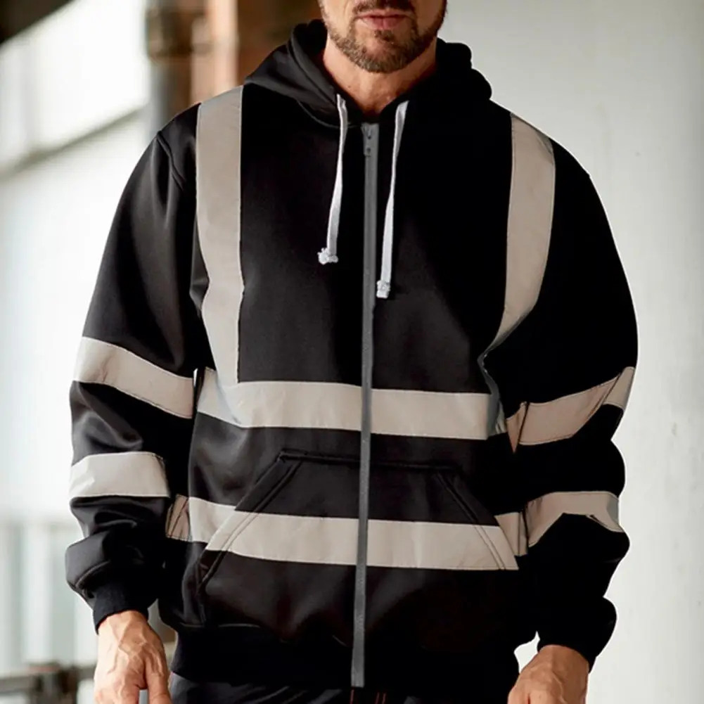 2025 M-4XL High Visibility Hoodie Coat Safe Luminous Strip Warning Drawstring Hoodie Overalls Cold-Proof Outdoor Work Jacket