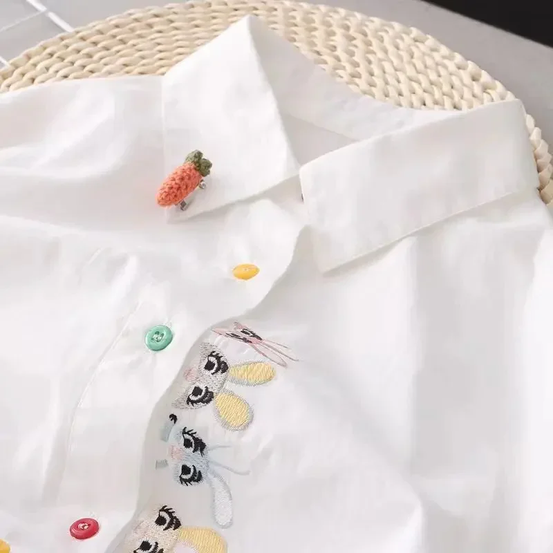 Women Spring Autumn Style Blouses Shirts Lady Casual Long Sleeve Turn-down Collar Cartoon Embroidery Blusas Tops