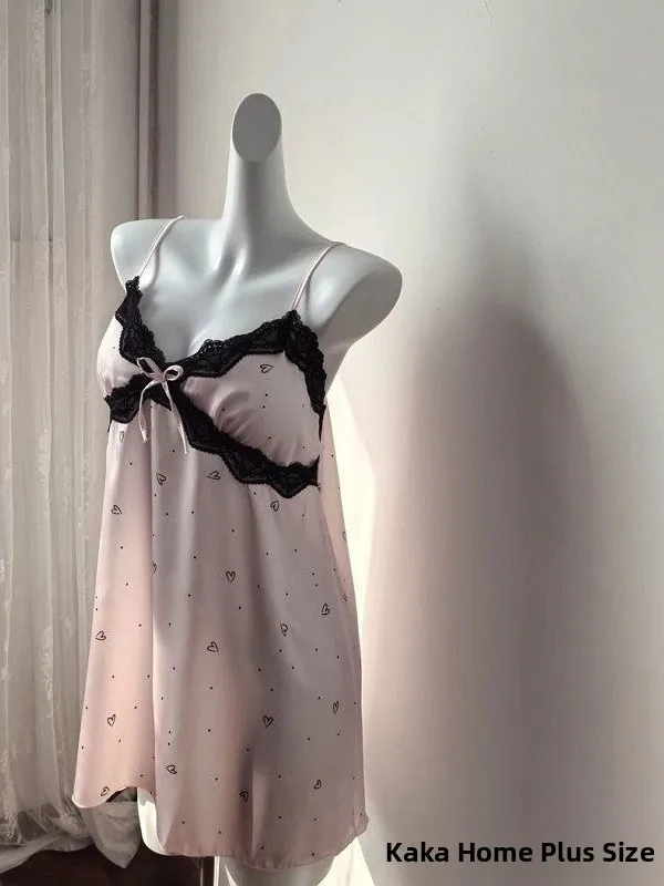 

Sexy Large Size Lace Ice Silk Strap Sleepwear Women's Mid-length V-neck Home Leisure Comfortable plus Size Nightgown