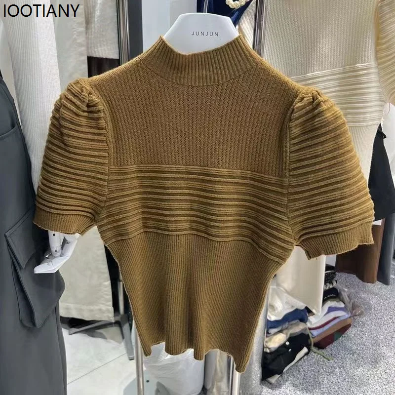 Frauen Herbst High-neck Gestrickte Slim Fit Pullover Topthin Kurze Puff Sleeve Einfarbig Winter frauen Pullover Pullover t-shirt