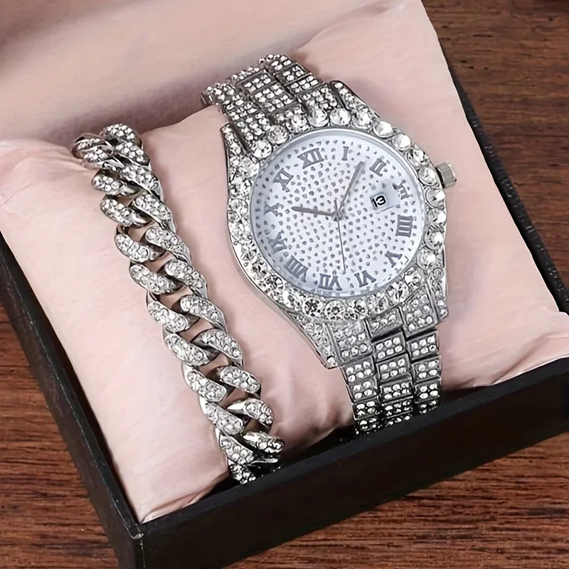 2pcs/set, Rhinestone Studded Calendar Ladies Quartz Watch And 1pc Rhinestone Jewelry Set