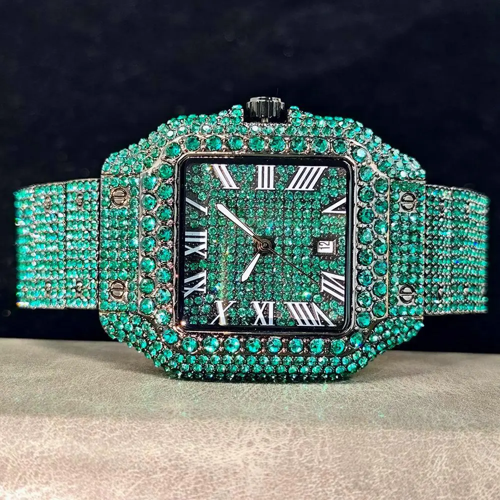 

Green Diamond Watch For Men Brand UNIGUET Fashion Roman Literal Quartz Clock Man Hip Hop Iced Jewelry Square Wristwatch 2025 New