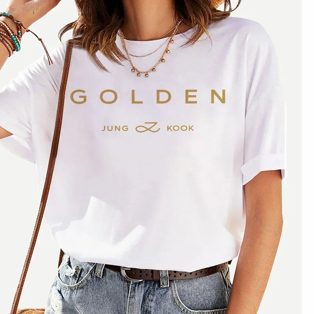 JungKook Gold T-shirt New Fashion Women's Harajuku Pattern Letter Printed T-shirt Women's High Quality Casual T-shirt Korea