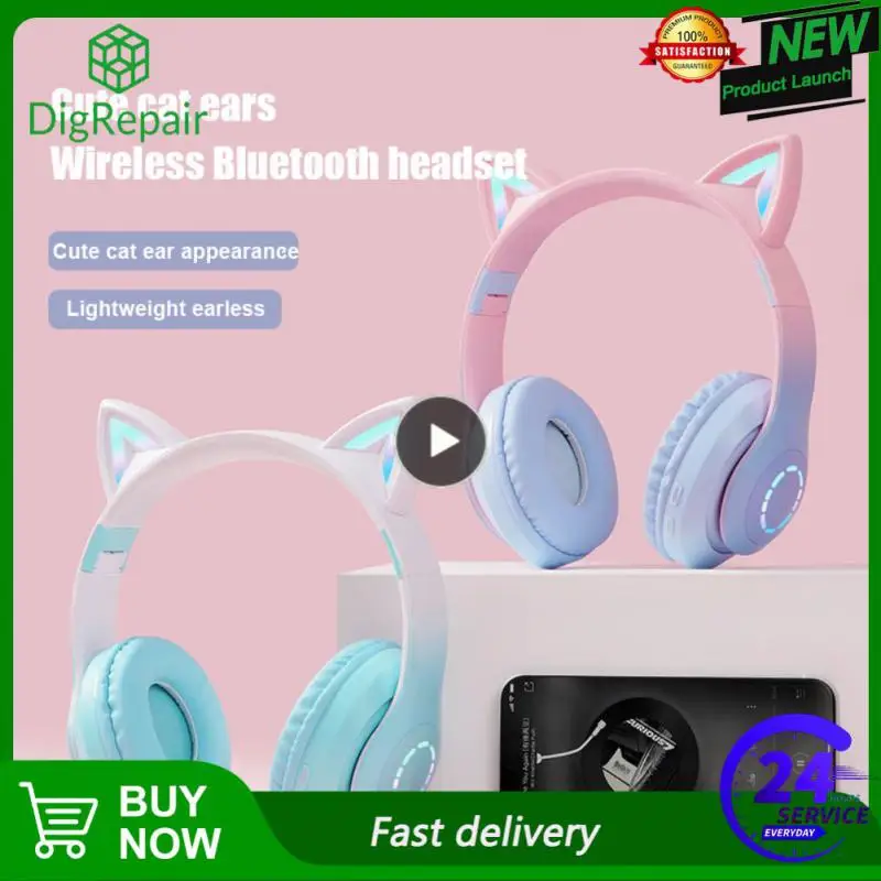 Flash Light Headphone Cute Cat Ears Wireless Earphone with Mic Kids Stereo Music Phone Headsets TWS 5.0