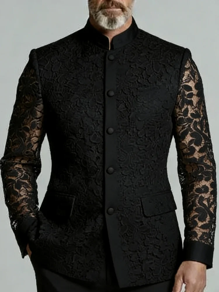 Men Mandarin Collar Lace Patchwork Suit Blazer Single Breasted Slim Fit Wedding Party Fashion Jacket Male Outerwear